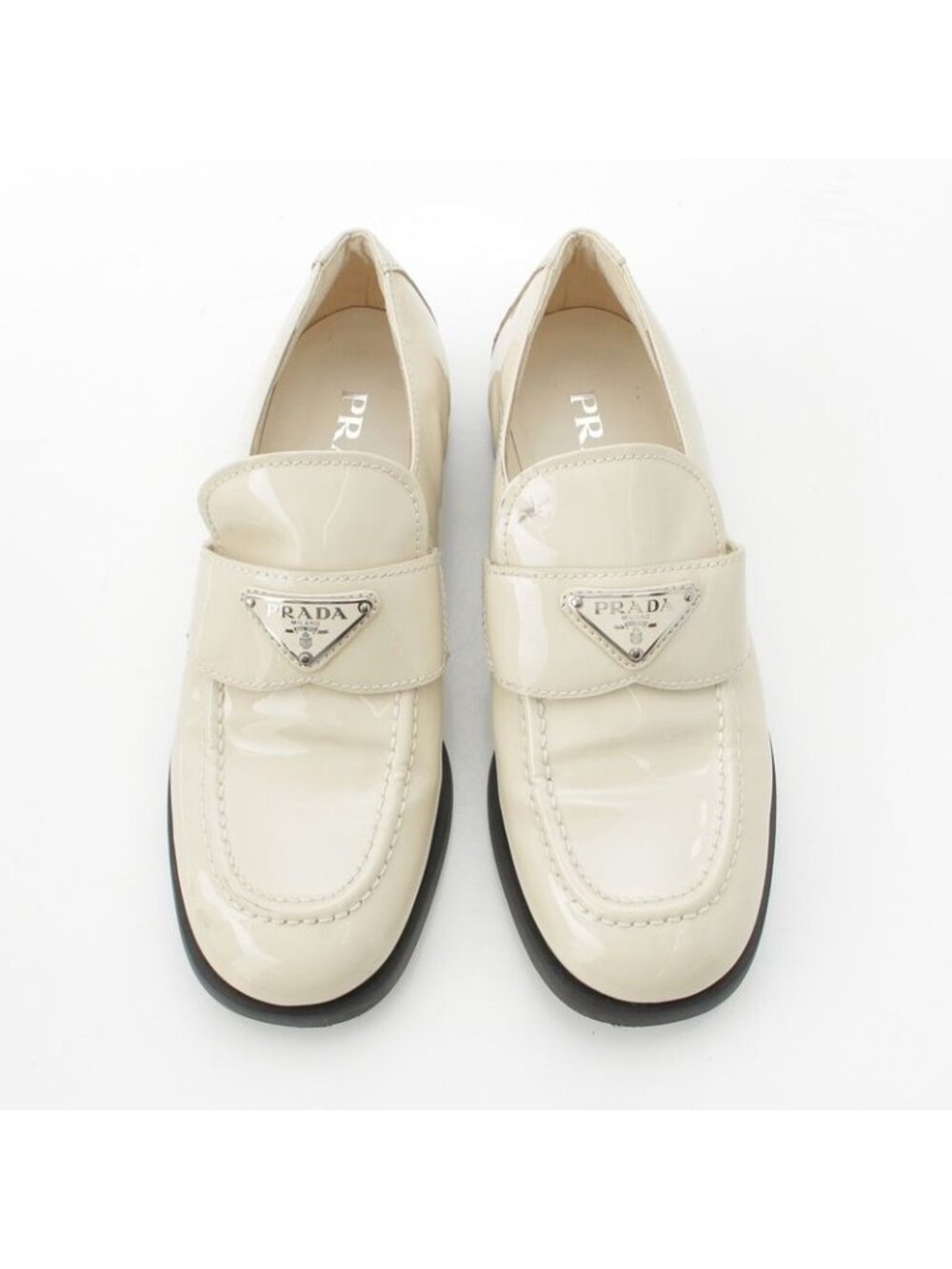 Prada Patent Leather Triangle Logo Chocolate Brushed Loafers Off White 37 - Picture 2 of 10